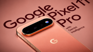 Google Pixel 11 Pro smartphone in a premium rose-gold design with a triple-camera bar and Gemini AI branding, shown in a cinematic product presentation.