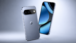 Google Pixel 11 Pro smartphone shown from the front and rear in a premium studio setting, featuring a silver-blue design, camera bar, and blue display.