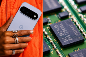 Google Pixel 11 Pro smartphone held in hand alongside a close-up view of smartphone memory hardware and circuit components.