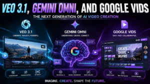 Veo 3.1, Gemini Omni, and Google Vids featured together in a futuristic AI video creation graphic.