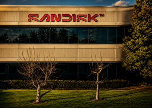 SanDisk headquarters building featuring the iconic red SanDisk logo on the exterior, illustrating the company's stock performance after a 372% surge followed by a market pullback.