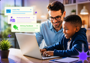 Magic School AI interface helping a teacher and student collaborate on a laptop with AI-powered lesson planning, writing feedback, and classroom productivity tools.