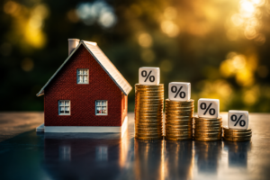 Mortgage Rates concept image featuring a miniature house beside stacks of coins with percentage symbols, representing home loan interest rates, refinancing, and the U.S. housing market.