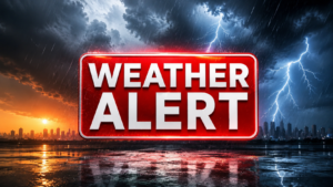 Severe thunderstorm watch graphic showing dark storm clouds, lightning, heavy rain, and a bold weather alert banner, representing dangerous weather conditions and severe storm preparedness.