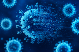 AI virus concept showing a microscopic virus-like particle with glowing blue spikes and surrounding particles in a futuristic scientific environment.