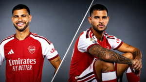 Arsenal vs Borussia Dortmund football match graphic featuring an Arsenal player in the club’s red-and-white kit, highlighting the upcoming fixture.