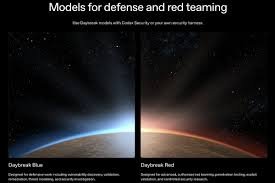GPT-5.6-Cyber models for defense and red teaming, showing two contrasting AI cybersecurity environments labeled Daybreak Blue and Daybreak Red.