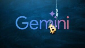 Gemini AI for crypto concept featuring the Gemini logo with a hanging Bitcoin symbol, representing AI-powered cryptocurrency analysis and trading.
