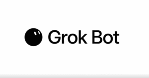 Grok Bot logo and text displayed on a blue abstract background.