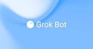 Grok Bot logo and text displayed on a blue abstract background.