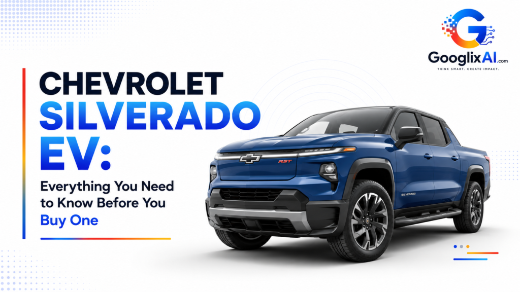 Chevrolet Silverado EV electric pickup truck parked on a mountain trail at sunset