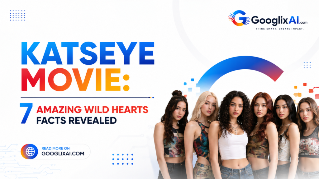 KATSEYE Movie graphic on a white background featuring the headline "7 Amazing Wild Hearts Facts Revealed" with GooglixAI logo in the top-right corner and a professional entertainment news design.