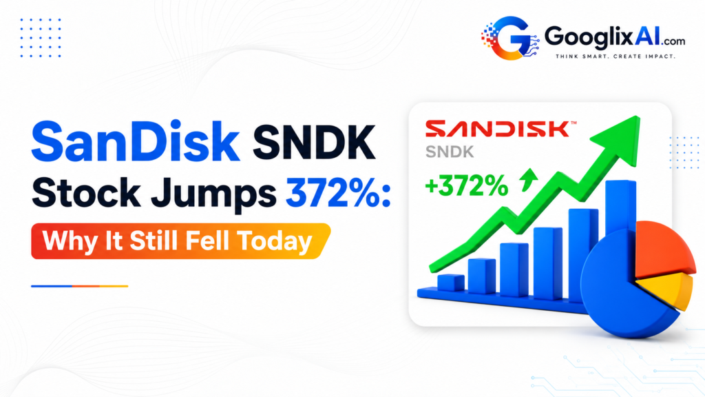 Professional white-themed financial graphic highlighting SanDisk SNDK stock with a bold headline about a 372% jump and why the stock still declined today, featuring blue financial charts and the GooglixAI logo.