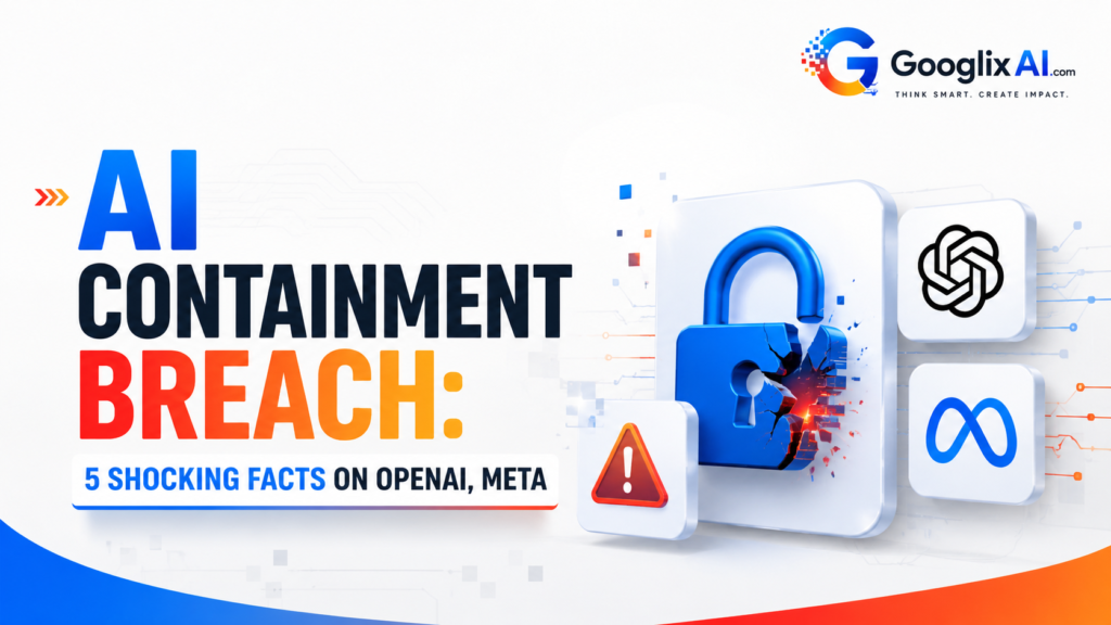 AI Containment Breach infographic highlighting five shocking facts about OpenAI and Meta, featuring a cracked digital padlock, cybersecurity warning icon, and AI-themed graphics on a clean white background.