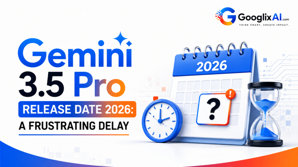 Gemini 3.5 Pro Release Date 2026 graphic with a professional white background, blue and orange tech theme, calendar, clock, and delay concept, branded with the GooglixAI logo.