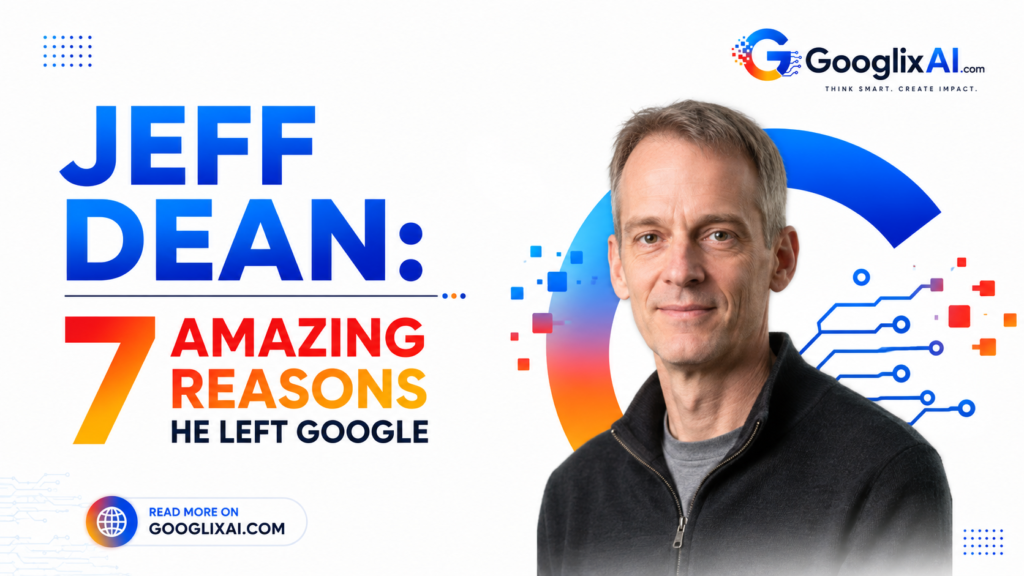 Professional 16:9 white-themed graphic featuring Jeff Dean with the headline "Jeff Dean: 7 Amazing Reasons He Left Google," branded with the GooglixAI.com logo in the top-right corner using blue, orange, and red technology-inspired design elements.