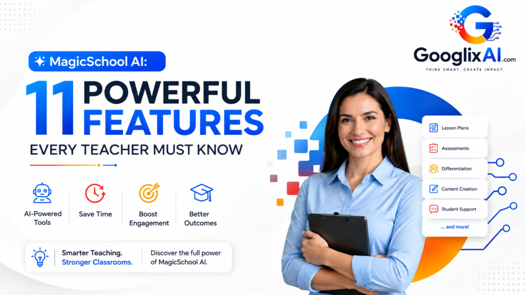 MagicSchool AI promotional banner with a clean white background, GooglixAI branding, modern blue technology design, and the headline “11 Powerful Features Every Teacher Must Know.” The graphic highlights AI-powered teaching tools, lesson planning, assessments, differentiation, content creation, and student support for educators.
