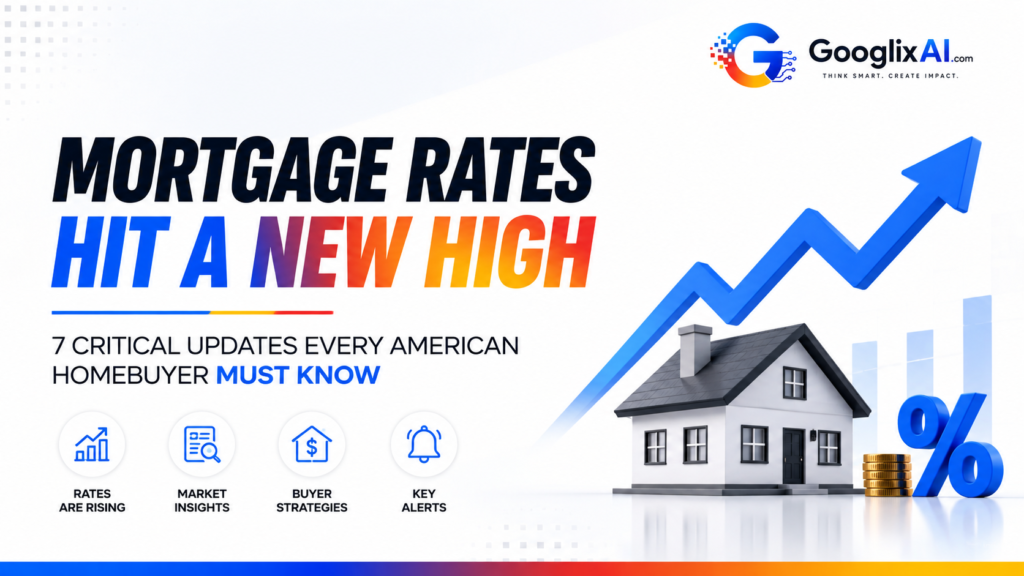 Mortgage Rates graphic showing rising home loan interest rates with a house, percentage symbol, upward trend arrow, and GooglixAI branding on a clean white background.