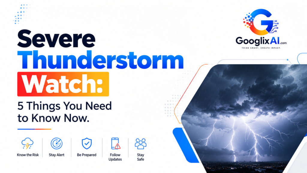 Severe Thunderstorm Watch alert graphic with dark storm clouds, lightning, safety message, and GooglixAI branding on a clean white background.